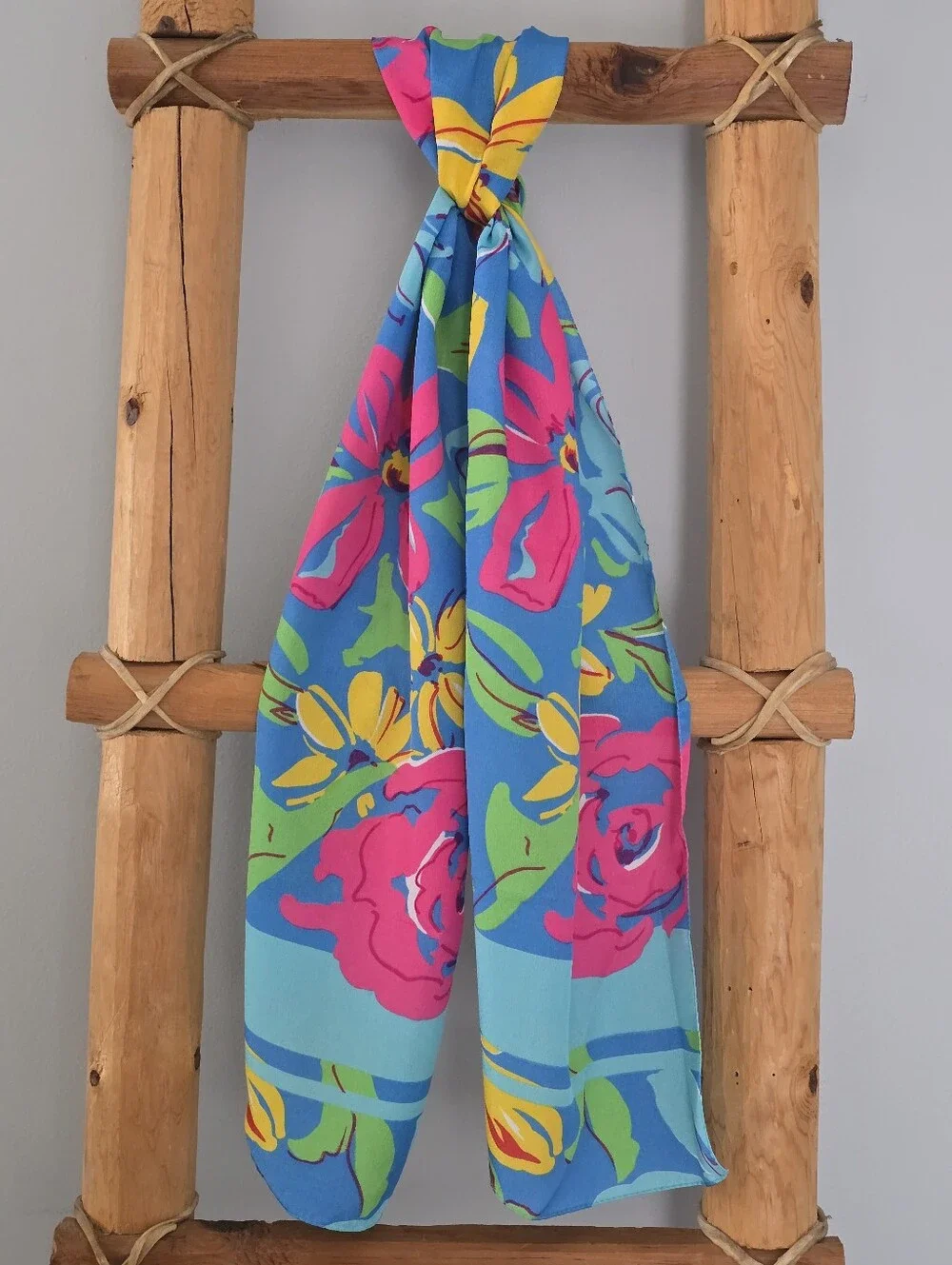 Blue Silk Vibrant Floral Oblong Scarf